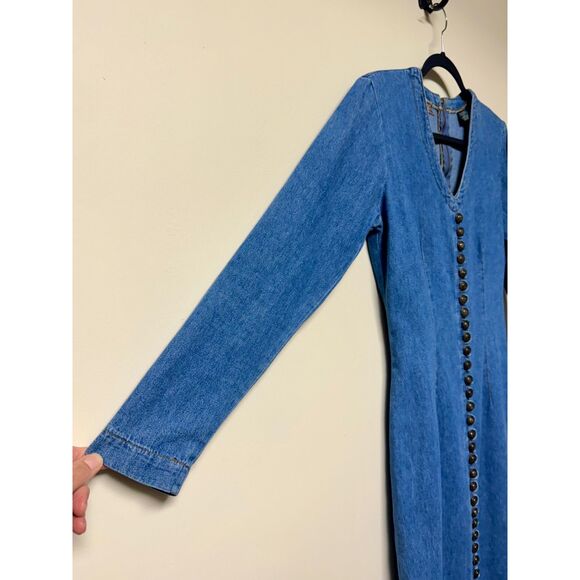 EXPRESS Vintage 80's Denim Long Sleeve Midi Dress Button Front V-Neck, Sz 6 - Picture 7 of 13
